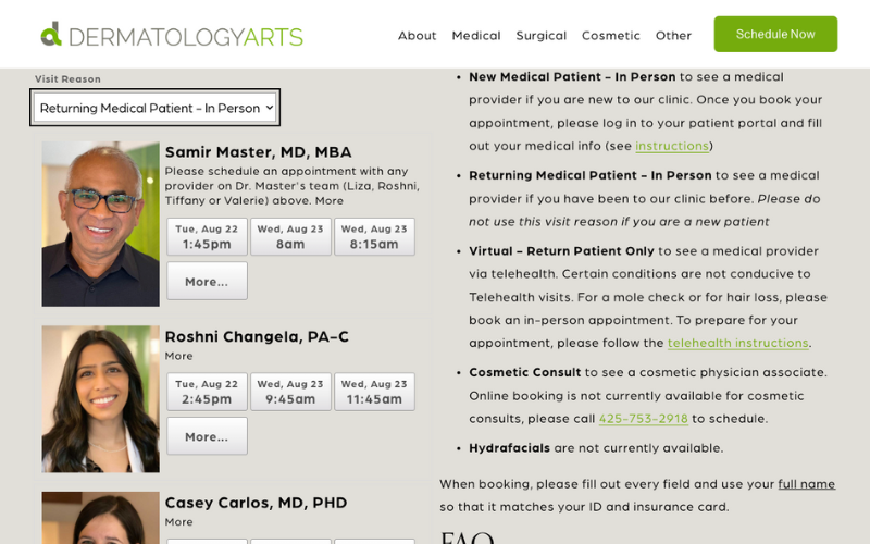 Dermatology Arts_Book by type of appt and provider available