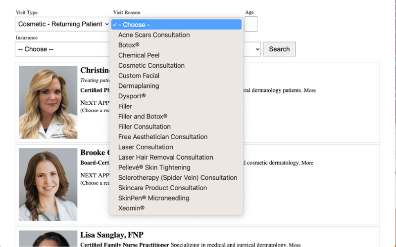 Thomas Dermatology - Select Reason Visit